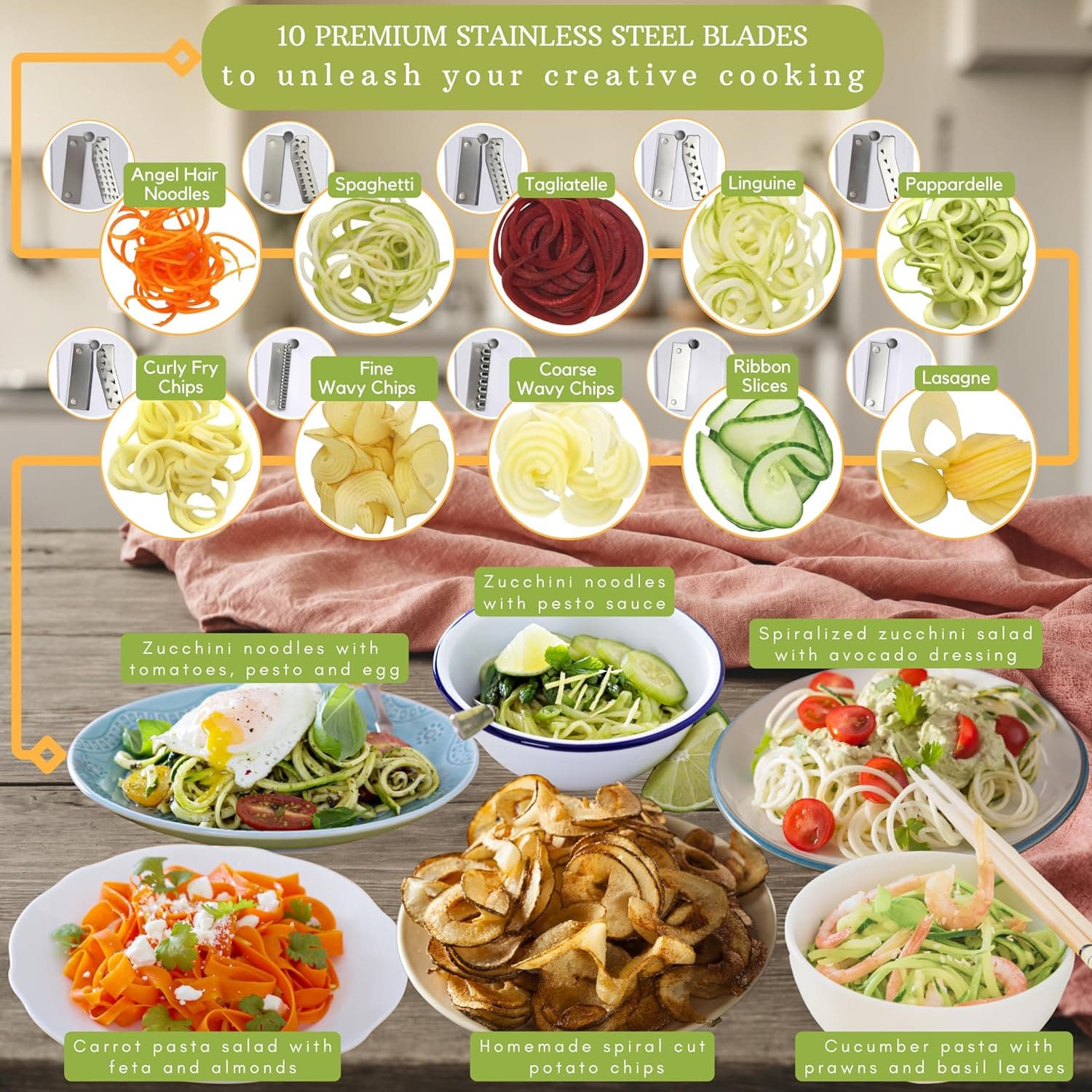 Brieftons 10-Blade Vegetable Spiralizer: Zucchini Spiral Slicer &amp; Veggie Noodle Maker, Japanese Steel Blades, Catch Container, Strong Suction Cup, Blade Caddy, 4 eBooks | Low Carb, Vegan, Gluten-Free: Home &amp; Kitchen thumbnail 4