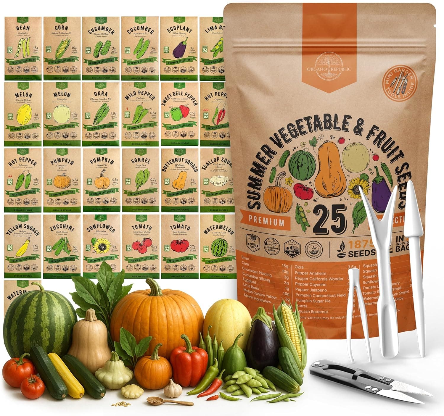 25 Summer Vegetable &amp; Fruit Seeds Variety Pack - 1,870+ Non-GMO Heirloom Veggie &amp; Fruits Seeds for Outdoors and Indoor Home Gardening, Including Collards, Tomato, Pepper, Okra, Onion, Bean, Cucumber : Patio, Lawn &amp; Garden image 1