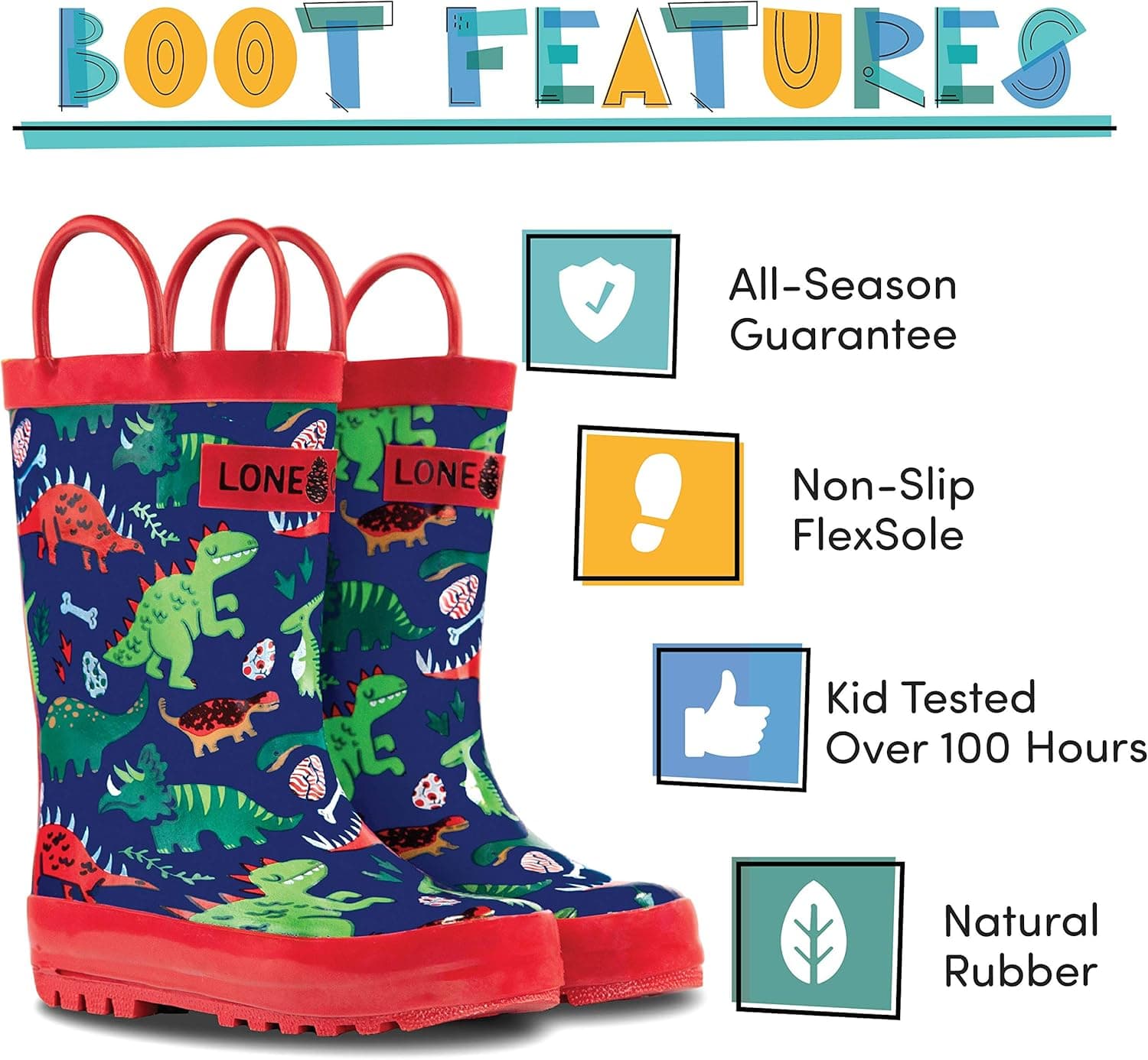 Lone Cone Rain Boots with Easy-On Handles in Fun Patterns for Boys and Girls, Play-Proof Flexible Rubber, Durable Non-Slip Treads, Kid-Friendly for Hours of Joy - Puddle-a-Saurus, 9 Toddler | Boots thumbnail 3