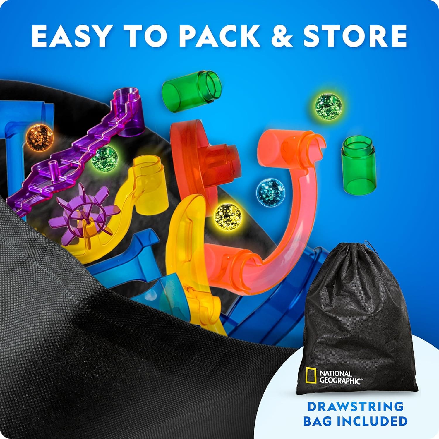 NATIONAL GEOGRAPHIC Glowing Marble Run – Construction Set with 15 Glow in The Dark Glass Marbles &amp; Storage Bag, STEM Gifts for Boys and Girls, Building Project Toy (Amazon Exclusive) : Toys &amp; Games thumbnail 2