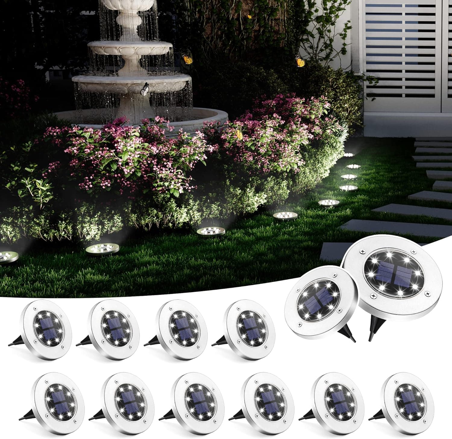 SOLPEX Solar Ground Lights, 12 Pack Solar Lights Outdoor Waterproof, 8 LED Solar Powered Landscape Lighting for Garden Yard Patio Pathway Driveway Walkway (Cool White) : Tools &amp; Home Improvement image 1