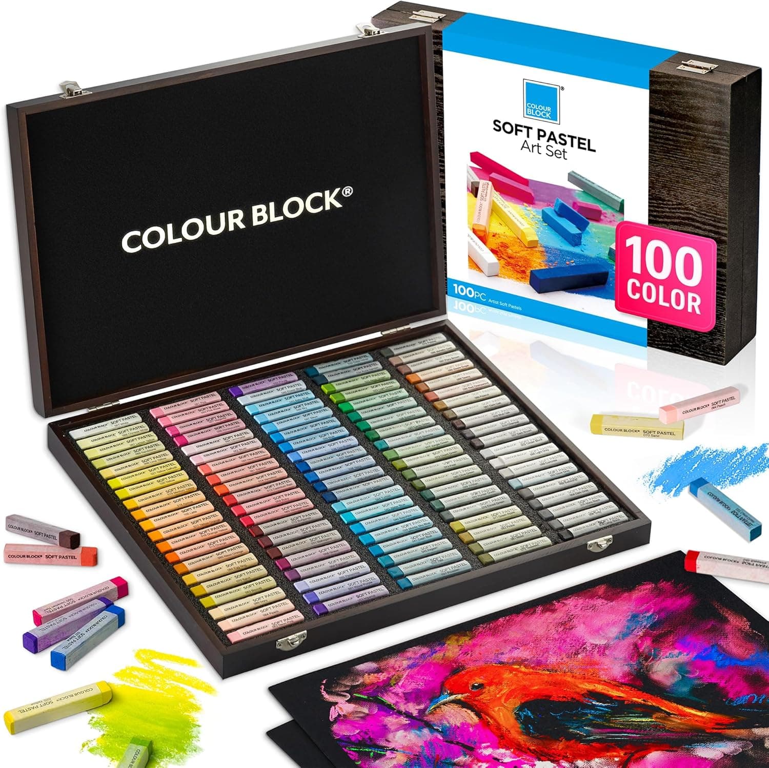 COLOUR BLOCK Soft Pastels for Artists - 100 Colors Square Chalk Pastels Set in Wooden Box - Vibrant Pigments Art Kit for Painting, Drawing, Sketching, Hobbyists. : Arts, Crafts &amp; Sewing image 1