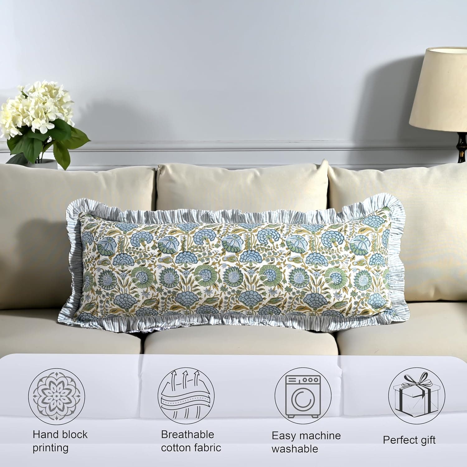 Ridhi Block Print Asparagus Green Ruffle Lumbar Sham Cover thumbnail 5