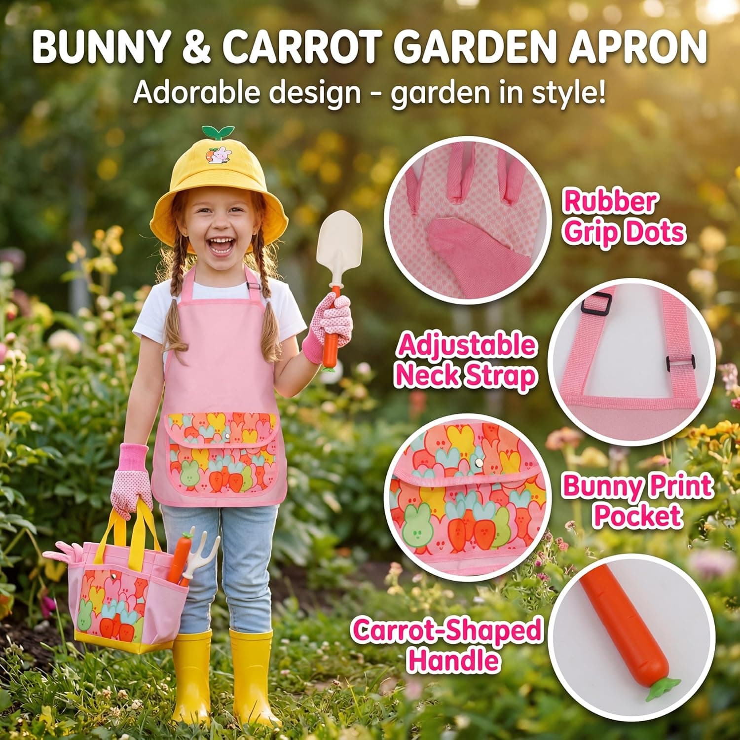Kids Gardening Outdoor Tools Set with Sun Protective Hat & Bunny Apron thumbnail 3